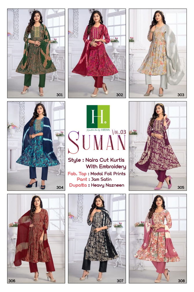 Hirwa suman vol 3 Naira cut Kurtis with embroidery Work